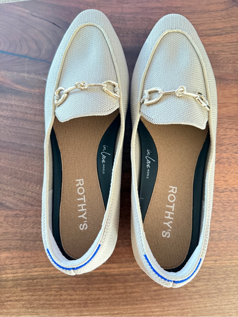 Rothy's Cream Knit Loafers with Gold Chain Trim